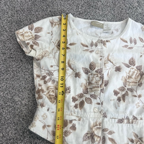 Liz Claiborne Ivory Brown Floral Linen Rayon Crop Top Botton Close Women’s US 4 - Picture 3 of 6